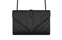 SAINT LAURENT Quilted Grain Embossed Leather Envelope Bag Shoulder Bag Crossbody Bag Small Size Women's Black