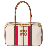 MIU MIU Beau Cotton Handbag, Shoulder Bag Women's Beige & Dark Brown
