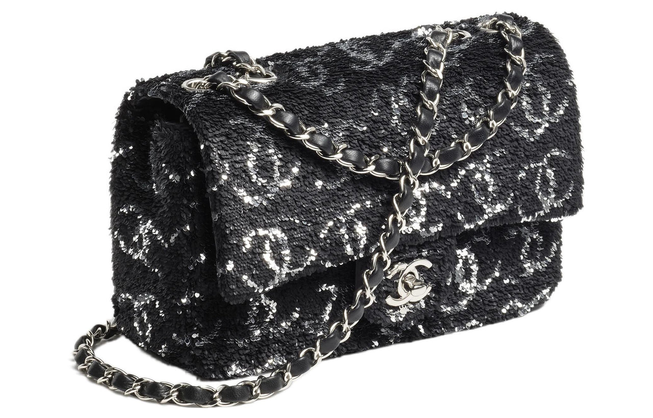 CHANEL Sequins Evening Party Bag Shoulder Bag Crossbody Bag Women's Black/Silver