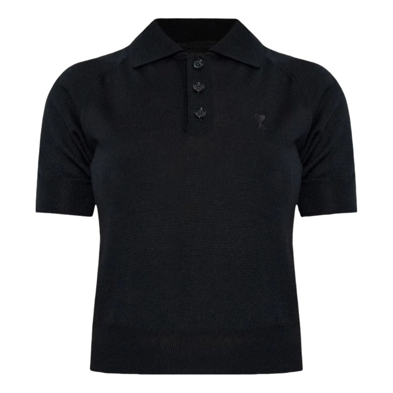 (WMNS) AMI Tone-on-Tone Heart Logo Merino Knit Wool Short Sleeve Polo 'Black' FPL439-KN0039-0180