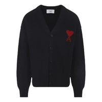 AMI Big Heart Logo Felt Merino Wool Cardigan 'Black Red' UKC367-018-009