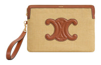 CELINE Plant Material Fabric Cow Leather Patchwork Binding Clutch Small Size Women's Natural Color & Brown Umber