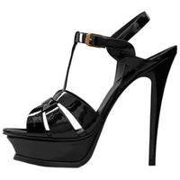 SAINT LAURENT Tribute Platform Sandal Heels Black Patent Leather