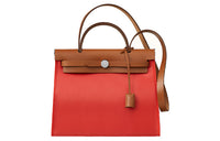 HERMES Herbag Zip Cowhide Patchwork Canvas Handbag Shoulder Bag Crossbody Bag Women's Orange Red/Brown