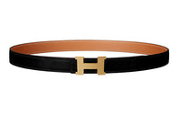 HERMES Mini Constance Guillochee Gold Buckle Epsom Calfskin Double Sided Leather Belt Unisex Black Width 2.4cm