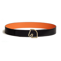 HERMES Calfskin, Metal Leather Belts Men's Black/Orange Width 3.8CM