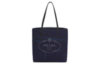 PRADA Printed Denim Tote Bag Shopping Bag Shoulder Bag Handbag Medium Size Women's Marine Blue/Black