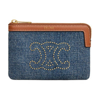 CELINE Triomphe Denim Cow Leather Patchwork Coin Card Holder Women's Blue