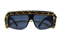 CHANEL 1990 2000 Leather and chain Trimmed Shield Sunglasses