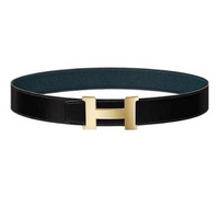 HERMES Logo Styling Smooth Buckle Genuine Leather Leather Belts Men's Black/Blue Width: 3.2CM