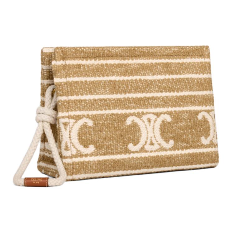 CELINE Stripes Fabric With Cow Leather Patchwork Clutch Women's Smoke