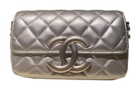 CHANEL Shiny Lambskin Cell Phone Pouch Shoulder Bag Crossbody Bag Regular Women's Silver