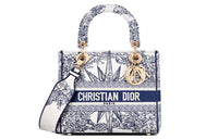 DIOR Lady D-Lite Embroidery Daisie Bag Shoulder Bag Crossbody Bag Handbag Medium Size Women's Blue