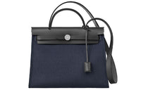 HERMES Herbag Cowhide Patchwork Canvas Handbag Shoulder Bag Crossbody Bag Unisex Black/Dark Blue