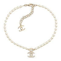 CHANEL Metal Rhinestone Necklaces Women's Pearl White