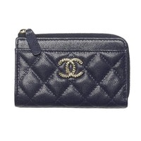 CHANEL Textured Calfskin Card Holder Women's Marine Blue