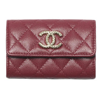 CHANEL Embossed Shiny Calfskin Card Holder Women's Burgundy