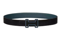 HERMES Indigo Buckle Togo Calfskin Double Sided Leather Belt Men's Black Width 3.2cm