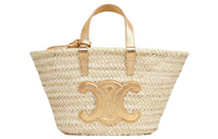 CELINE Triomphe Leather Straw Bag Handbag Teen Women's Light Brown