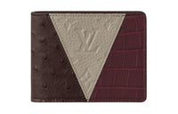 LOUIS VUITTON Multiple Crocodile Leather With Canvas And Ostrich Leather Wallet Men's Burgundy & Beige & Brown