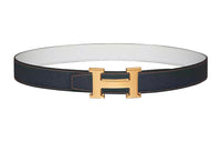 HERMES Gold Buckle Epsom Calfskin Double-Sided Leather Belt Women's Blue/White Width: 3.2cm
