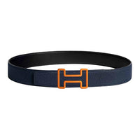 HERMES Calfskin Stainless Steel Rubber Leather Belts Men's Black/Blue Width: 3.8CM