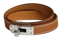 HERMES Calfskin, Palladium Plated Wristbands Women's Brown