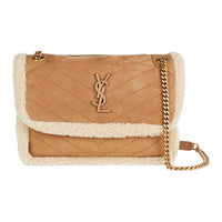 SAINT LAURENT Cowhide Leather Patchwork Wool Hobo Bag, Shoulder Bag, Crossbody Bag Medium Size Women's Camel & Beige
