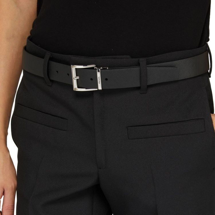 PRADA Badge Design Leather Leather Belts Men's Black Width 3.3CM