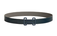 HERMES Indigo Buckle Togo Calfskin Double-Sided Leather Belt Men's Blue Gray Width: 3.2cm