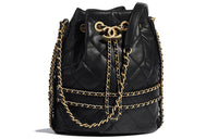 CHANEL Drawstring Sheepskin Drawstring Bag Bucket Bag Shoulder Bag Large Size Women's Black