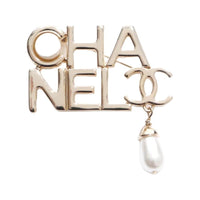 CHANEL 2022 Gold Plated Logo Faux-pearl Brooch