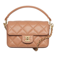 CHANEL Embossed Shiny Calfskin Handbag Mini Women's Camel