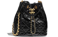 CHANEL Drawstring Polished Lambskin Bucket Bags Handbags Women's Black