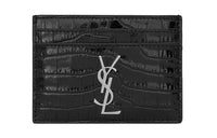 SAINT LAURENT CASSANDRE Crocodile Pattern Shiny Calfskin Card Holder Women's Black