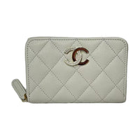 CHANEL Leather Coin Purse Women's Gray White