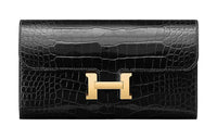 HERMES Constance Long Wallet Crocodile Leather Wallet Women's 89 Noir Black