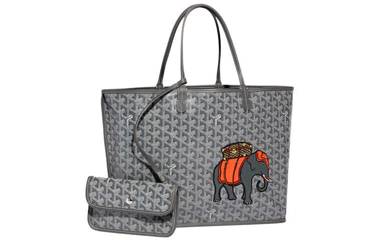 GOYARD Anjou Calfskin With Canvas Tote Bag Shopping Bag Handbag Small Size Women's Gray/Orange