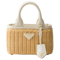 PRADA Rattan Tote Bag Shopping Bag Handbag Mini Women's Tan & White