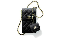 CHANEL Cow Leather Combo Bag Chain Crossbody Bag Cell Phone Pouch Women's Black