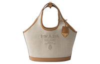 PRADA Linen Blend With Leather Tote Bag, Shopping Bag, Handbag Medium Size Women's Beige & Light Brown