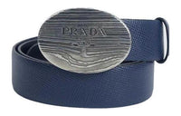 PRADA Badge Patch Design Leather Belts Men's Blue Width 3CM