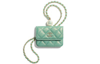 CHANEL Litchi Cow Leather Necklace Pouch Small Size Women's Green