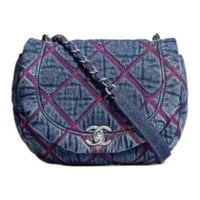 CHANEL Denim Embroidery Round Shoulder Bag Crossbody Bag Regular Women's Aqua Denim Blue