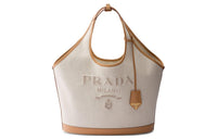 PRADA Linseed With Leather Tote Bag, Shopping Bag, Handbag Large Size Women's Beige & Brown