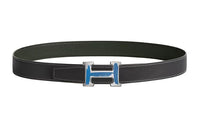 HERMES Lacquered Finish Brushed H-Shaped Smooth Buckle Leather Belts Men's Green Width: 3.2CM