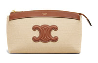 CELINE Fabric Cow Leather Patchwork Clutch Medium Size Women's Natural Color/Tan