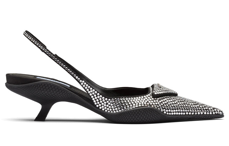 PRADA 30mm Crystal Sling Back Pumps Black Satin