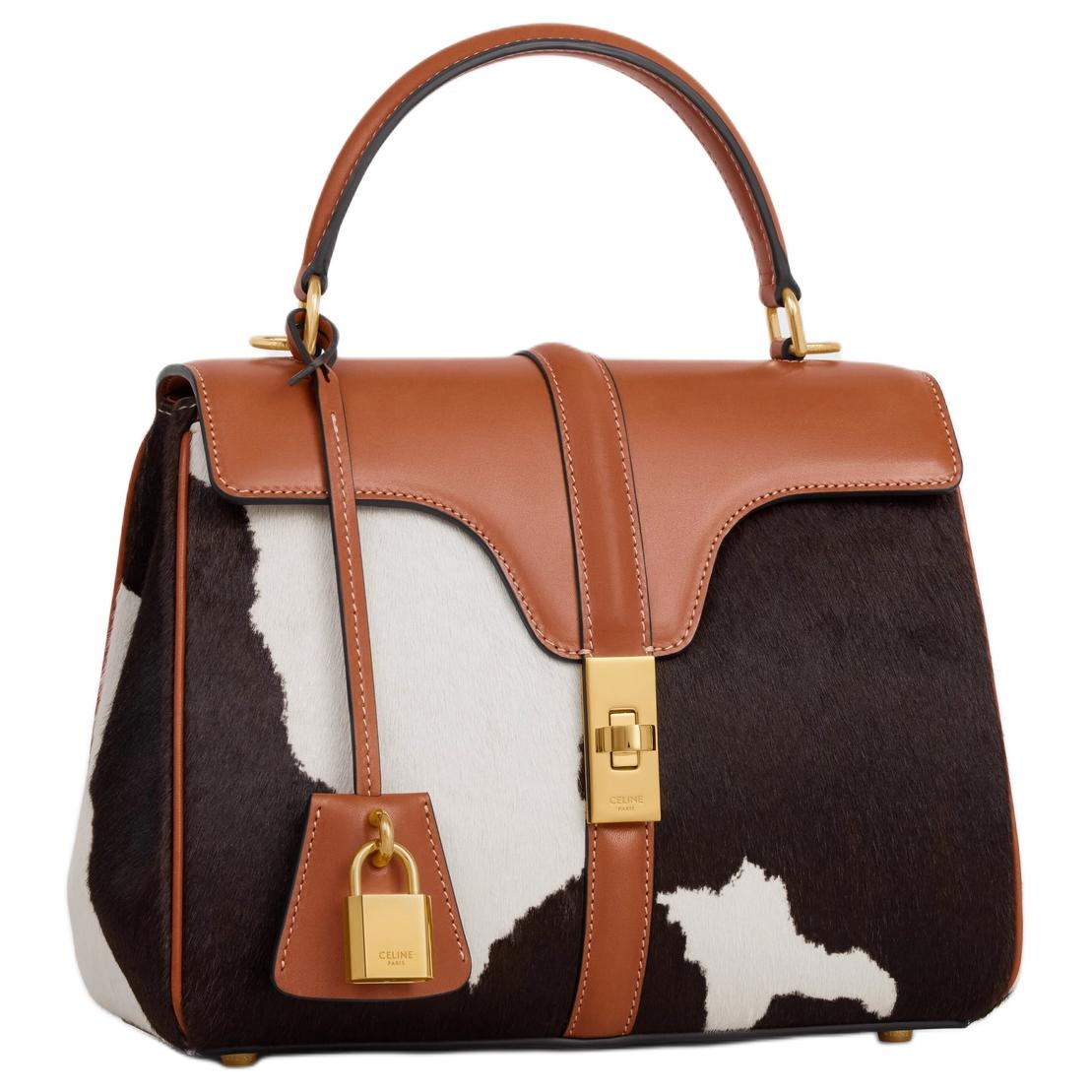 CELINE 16 Cow Leather One Shoulder Handbag Small Size Women's Dark Brown & White