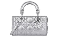 DIOR Lady D-JOY Pleated Cow Leather Shoulder Bag Crossbody Bag Handbag Extra Mini Women's Silver